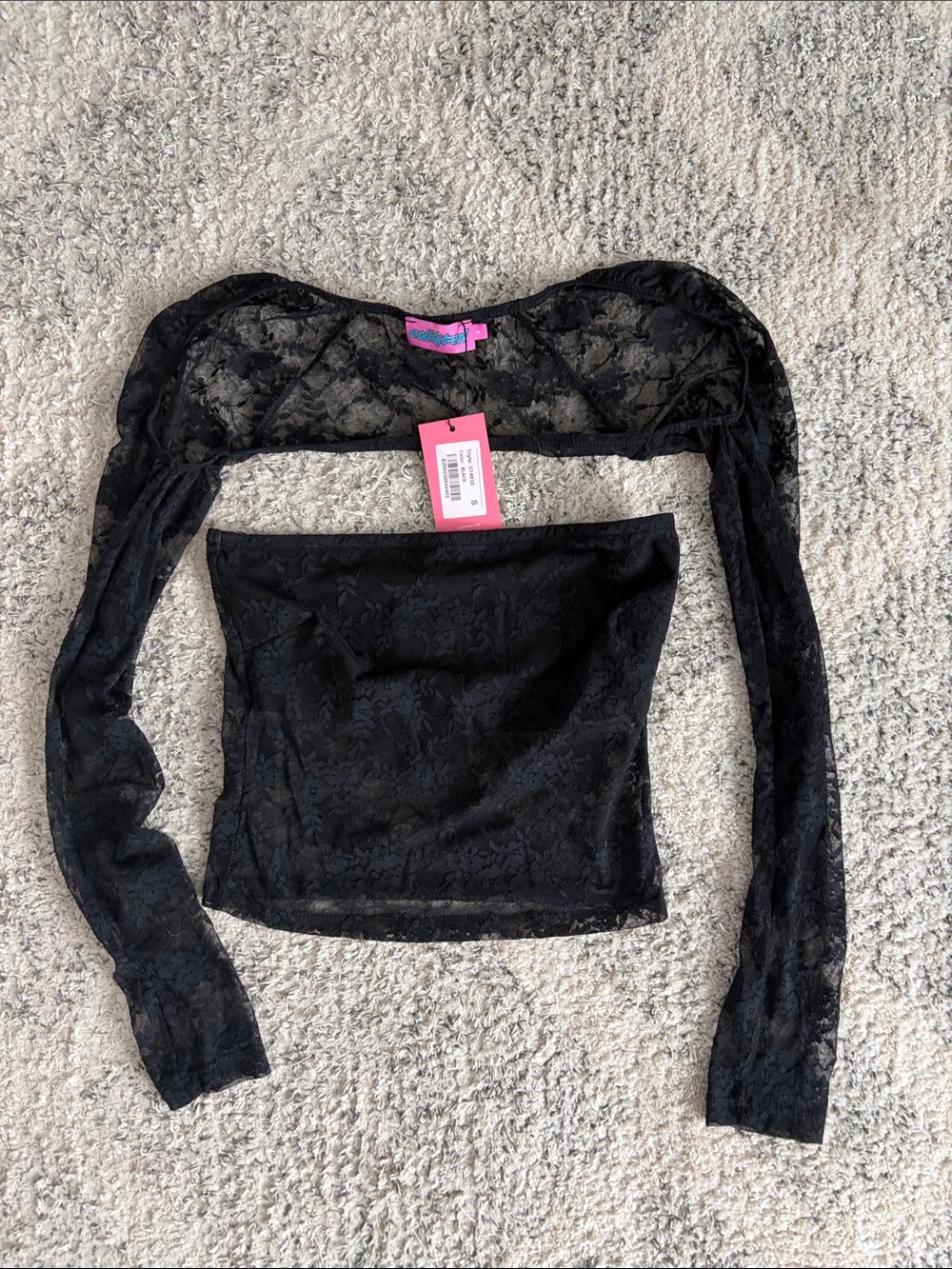 NWT Edikted Sheer Black Lace Tube Top & Shrug Set Size Small